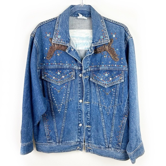 Freego Western Vintage studded beaded Jean denim jacket size: M - Picture 1 of 14